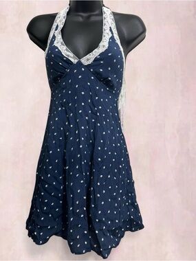 NWT Wild Fable Halter Navy Dress with White Prints and Lace
